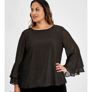 Kasper Metallic Top Sz XL Women Polka Dot Bell-Sleeves Scoop-Neck New